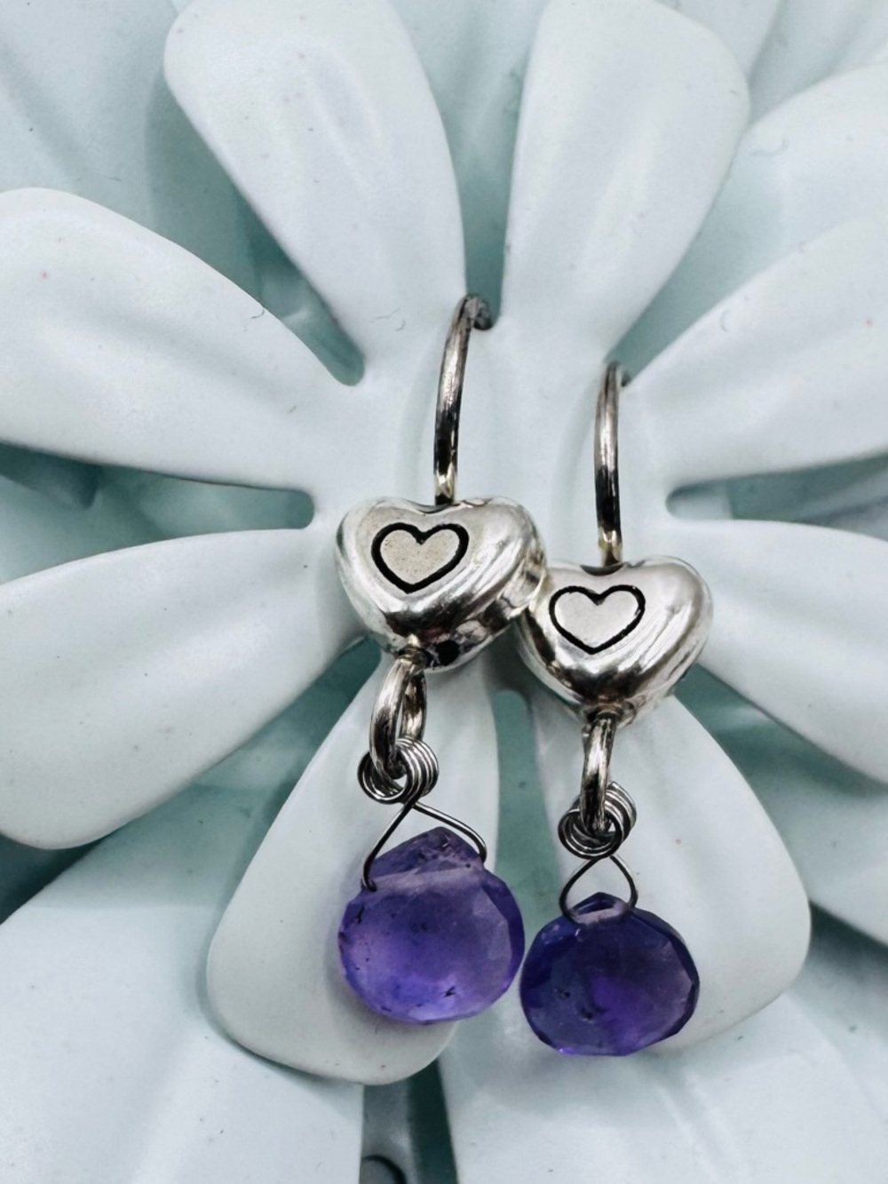Brighton Silver Heart Earrings with Purple Drops